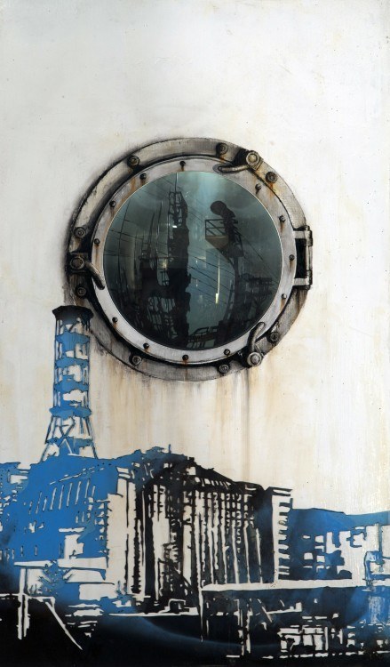 2012, 24" X 14" Oil, glass, light and radiographs on panel